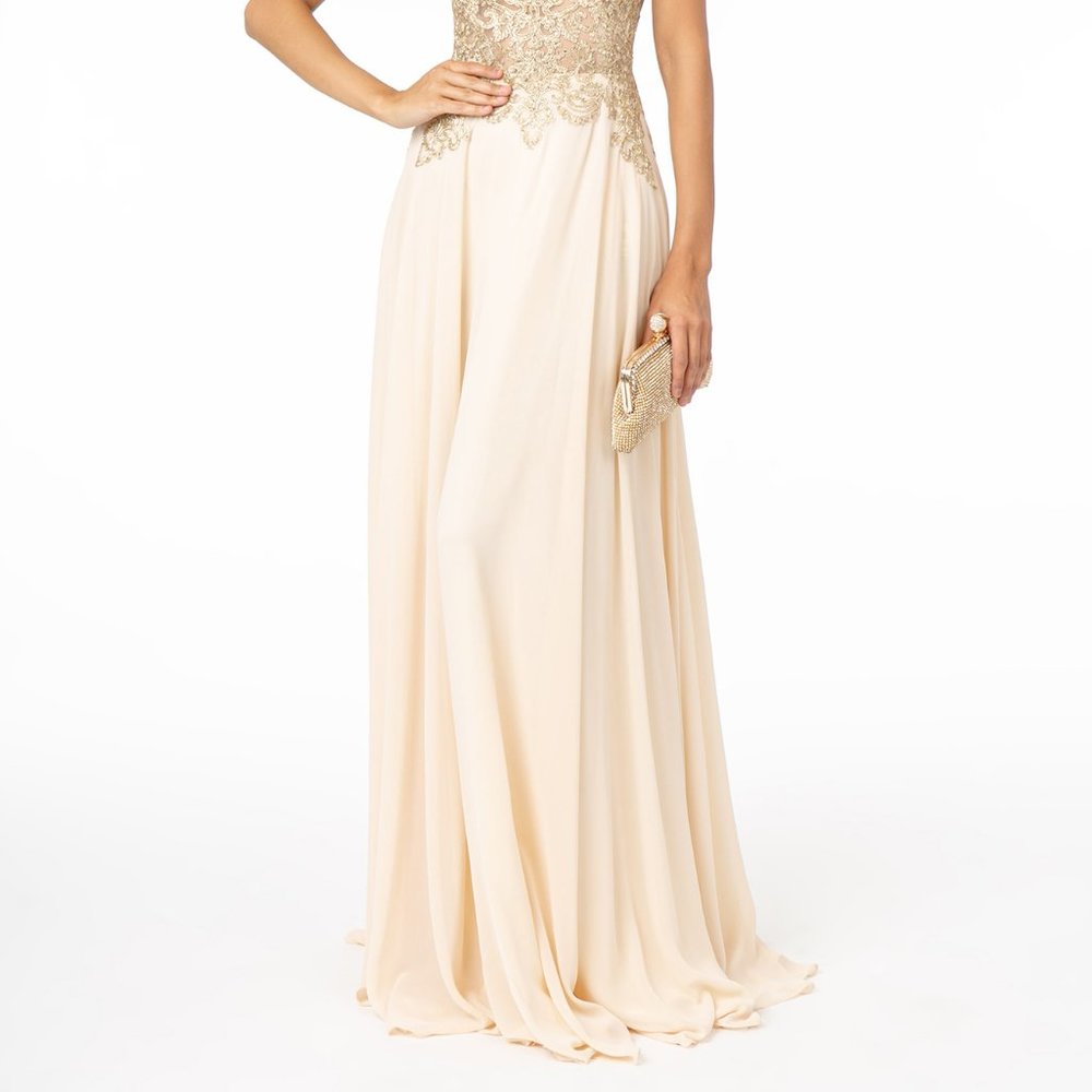 Champagne Off Shoulder Sequined Bodice Dress L2998 - Picture 6 of 8
